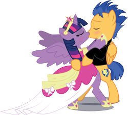 Size: 5748x5201 | Tagged: safe, artist:benybing, flash sentry, twilight sparkle, twilight sparkle (alicorn), alicorn, pegasus, pony, absurd resolution, bipedal, clothes, coronation dress, crown, dress, element of magic, eyes closed, female, flashlight, jewelry, kissing, male, regalia, shipping, straight, wings