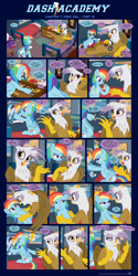 Size: 1248x2494 | Tagged: safe, artist:sorcerushorserus, derpibooru import, gilda, rainbow dash, oc, oc:red sorena, griffon, pegasus, pony, comic:dash academy, bed, bedroom, cd player, comic, dialogue, female, hoofball, mare, playing card, poster, saddle bag, soda can, tape