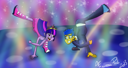 Size: 800x430 | Tagged: safe, artist:airy-f, flash sentry, twilight sparkle, equestria girls, equestria girls (movie), dancing, do the sparkle, element of magic, fall formal outfits, female, flashlight, male, shipping, straight