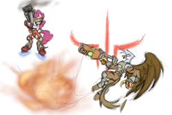 Size: 1500x1000 | Tagged: safe, artist:cyrilunicorn, derpibooru import, gilda, pinkie pie, earth pony, griffon, pony, logo, ponified, quake, quake 3 arena, railgun, rocket launcher, sketch, video game, weapon