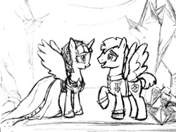 Size: 640x480 | Tagged: safe, artist:zuzuyak, flash sentry, twilight sparkle, twilight sparkle (alicorn), alicorn, pony, female, flashlight, mare, monochrome, shipping, traditional art, wedding