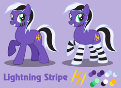 Size: 1100x800 | Tagged: safe, artist:lightning stripe, oc, oc only, oc:lightning stripe, earth pony, pony, black and white mane, clothes, female, green eyes, grin, mare, purple, purple background, reference sheet, show accurate, simple background, smiling, socks, solo, striped socks, stripes