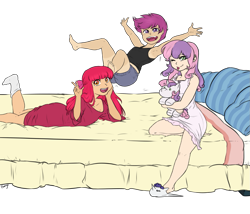 Size: 1383x1185 | Tagged: safe, artist:chango-tan, color edit, edit, apple bloom, scootaloo, sweetie belle, human, armpits, barefoot, bed, child, clothes, colored, cutie mark crusaders, feet, female, humanized, jumping on the bed, light skin, looking at you, midair, midriff, nightgown, one eye closed, open mouth, pajamas, peace sign, pillow, plushie, prone, shorts, simple background, sitting, slippers, smiling, socks, tan, tanktop, the ass was fat, tongue out, transparent background, trio, trio female, wink