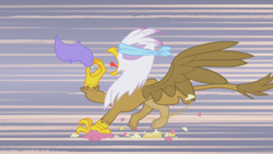 Size: 1280x720 | Tagged: safe, derpibooru import, screencap, gilda, griffon, griffon the brush off, blindfold, solo