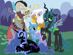 Size: 4619x3508 | Tagged: safe, artist:elenaboosy, derpibooru import, discord, gilda, nightmare moon, queen chrysalis, rover, trixie, changeling, changeling queen, diamond dog, griffon, pony, unicorn, absurd resolution, alternate mane six, antagonist, antagonist six, cute, cutealis, discute, female, gildadorable, group shot, mane six opening poses, mare, moonabetes