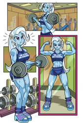 Size: 863x1277 | Tagged: safe, artist:art-2u, trixie, equestria girls, abs, armpits, biceps, breasts, clothes, female, fit, flexing, grand and muscular trixie, gym, muscles, pose, shorts, solo, sports bra, sports shorts, sweat, titsie, weight lifting, weights, workout, workout outfit