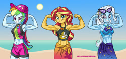 Size: 1929x906 | Tagged: safe, artist:art-2u, rainbow dash, sunset shimmer, trixie, better together, equestria girls, forgotten friendship, armpits, beach, belly button, biceps, bracelet, clothes, flexing, geode of empathy, geode of super speed, grand and muscular trixie, hat, jewelry, looking at you, magical geodes, midriff, muscles, necklace, rainbow dash's beach shorts swimsuit, rainbuff dash, sarong, smiling, sun, sunglasses, sunset lifter, sunset shimmer's beach shorts swimsuit, swimsuit, trixie's beach shorts swimsuit