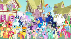 Size: 800x440 | Tagged: safe, artist:snicketbar, derpibooru import, aloe, apple bloom, applejack, bulk biceps, derpy hooves, diamond tiara, dj pon-3, fleetfoot, fluttershy, gilda, lotus blossom, octavia melody, pinkie pie, princess cadance, princess celestia, princess luna, rainbow dash, rarity, roseluck, scootaloo, shining armor, silver spoon, soarin', spike, spitfire, surprise, sweetcream scoops, sweetie belle, trixie, twilight sparkle, twilight velvet, vinyl scratch, alicorn, dragon, earth pony, griffon, pegasus, pony, unicorn, g1, blaze the cat, crossover, cutie mark crusaders, female, g1 to g4, generation leap, mane seven, mane six, mare, sonic the hedgehog, sonic the hedgehog (series), spa twins, vector