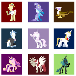 Size: 466x466 | Tagged: safe, artist:steveholt, derpibooru import, part of a set, fancypants, fleur-de-lis, flim, gilda, prince blueblood, princess cadance, queen chrysalis, trixie, oc, oc:fausticorn, alicorn, changeling, changeling queen, griffon, pony, alicorn oc, lauren faust, minimalist