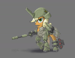 Size: 1600x1237 | Tagged: safe, artist:satv12, applejack, earth pony, pony, armor, female, gray background, gundam, helmet, mare, simple background, solo, weapon, zaku, zeon