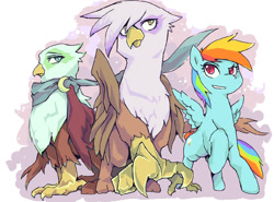 Size: 1100x812 | Tagged: safe, artist:tyuubatu, derpibooru import, gilda, greta, rainbow dash, griffon, pegasus, pony, clothes, scarf, trio