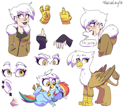 Size: 1375x1225 | Tagged: safe, artist:tralalayla, derpibooru import, gilda, rainbow dash, griffon, human, chickub, clothes, crying, cute, dashabetes, ear piercing, female, filly, fingerless gloves, gildadorable, gildash, gloves, humanized, lesbian, lipstick, middle finger, nail polish, piercing, shipping, sorry, tickling, younger