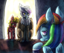 Size: 1025x850 | Tagged: safe, artist:terrac0tta, derpibooru import, gilda, rainbow dash, oc, griffon, pegasus, pony, door