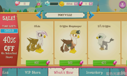 Size: 800x480 | Tagged: safe, derpibooru import, screencap, gilda, gimme moore, graff, li'l griffon, griffon, chickub, crack is cheaper, cub, gameloft, greedloft, griffon shopkeeper, vip, why gameloft why