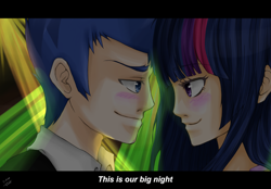 Size: 3474x2412 | Tagged: safe, artist:jenyeongi, flash sentry, twilight sparkle, human, equestria girls, equestria girls (movie), dancing, female, flashlight, humanized, male, shipping, straight, this is our big night