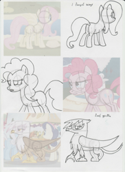 Size: 1702x2339 | Tagged: safe, artist:lazy-turtle, derpibooru import, fluttershy, gilda, pinkie pie, earth pony, griffon, pegasus, pony, griffon the brush off, anatomy, drawing, sketch, sketch dump, study, traditional art