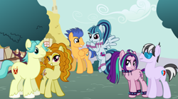 Size: 1024x575 | Tagged: safe, artist:themexicanpunisher, adagio dazzle, aria blaze, brawly beats, flash sentry, ringo, sonata dusk, female, male, ponified, ringaria, senata, shipping, straight