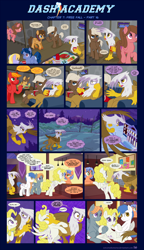 Size: 1248x2173 | Tagged: safe, artist:sorcerushorserus, derpibooru import, brolly, cloud kicker, dumbbell, gilda, hoops, rainbow dash, surprise, whitewash, oc, griffon, pegasus, pony, comic:dash academy, argie ribbs, baby ribbs, comic, dormitory, female, male, mare, party, stallion