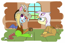 Size: 1800x1200 | Tagged: safe, artist:p4r4n0e4c, derpibooru import, discord, fluttershy, gilda, rainbow dash, draconequus, griffon, pegasus, pony, clothes, cute, duo, kigurumi, sitting