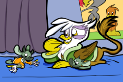 Size: 1920x1280 | Tagged: safe, artist:joeywaggoner, derpibooru import, gilda, oc, oc:mochrie the mock turtle, griffon, alice in wonderland, bathrobe, clothes, commission, dashie slippers, gilda slippers, mochrie slippers, mock turtle, robe, slippers, tank slippers