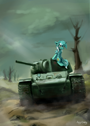 Size: 2470x3443 | Tagged: safe, artist:amy-gamy, lyra heartstrings, pony, unicorn, female, kv-1, mare, smiling, tank (vehicle), world war ii