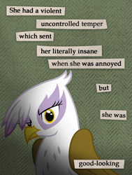 Size: 985x1302 | Tagged: safe, artist:icaron, derpibooru import, gilda, griffon, caption, guide to troubled birds, parody, show accurate