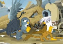 Size: 712x496 | Tagged: safe, derpibooru import, screencap, gabby, gilda, griffon, the fault in our cutie marks, animated, cinemagraph, cute, excited, gabbybetes, gif, happy, letter, loop, mailbag