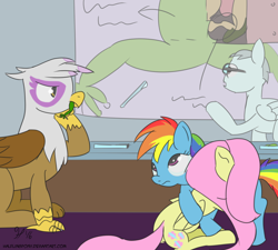 Size: 1050x945 | Tagged: safe, artist:halflingpony, derpibooru import, fluttershy, gilda, rainbow dash, frog, griffon, pegasus, pony, classroom, comforting, hug, predator, teacher