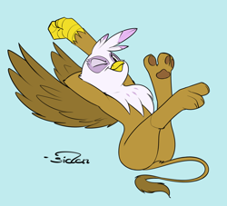 Size: 1000x907 | Tagged: safe, artist:siden, derpibooru import, gilda, griffon, armpits, colored, commission, female, fetish, looking at you, on back, one eye closed, paw fetish, paws, plot, solo, stretching, wings, wink