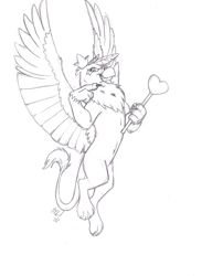 Size: 1240x1615 | Tagged: safe, artist:carnivorouscaribou, derpibooru import, gilda, griffon, alice in wonderland, commission, evil grin, flying, grin, majestic, monochrome, queen of hearts, smiling, solo, traditional art