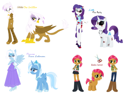 Size: 1608x1204 | Tagged: safe, artist:prettycelestia, derpibooru import, babs seed, gilda, rarity, trixie, alicorn, griffon, lil-miss rarity, equestria girls, equestria girls-ified, jewelry, misspelling, race swap, tiara, trixiecorn