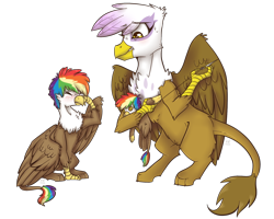 Size: 1280x1024 | Tagged: safe, artist:suenden-hund, derpibooru import, gilda, oc, oc:rainbow feather, griffon, crying, cute, female, fledgeling, interspecies offspring, magical lesbian spawn, mother and child, mother and daughter, next generation, offspring, parent and child, parent:gilda, parent:rainbow dash, parents:gildash, plushie, rainbow hair, repairing, sad, sewing, sewing needle