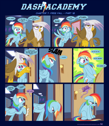 Size: 1248x1441 | Tagged: safe, artist:sorcerushorserus, derpibooru import, gilda, rainbow dash, griffon, pegasus, pony, comic:dash academy, calendar, comic, crying, dorm, female, mare, school