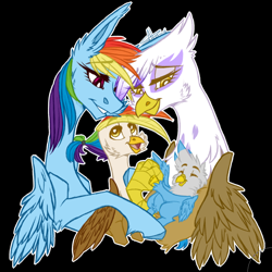 Size: 756x755 | Tagged: safe, artist:shimmering--sunlight, derpibooru import, gilda, rainbow dash, oc, oc:gren, oc:rainbow feather, classical hippogriff, griffon, hippogriff, pegasus, pony, brother and sister, colt, family, female, foal, gildash, hug, interspecies, interspecies offspring, lesbian, magical lesbian spawn, male, mother and child, mother and daughter, mother and son, next generation, offspring, parent and child, parent:gilda, parent:rainbow dash, parents:gildash, shipping, siblings