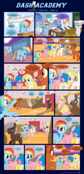 Size: 1248x2556 | Tagged: safe, artist:sorcerushorserus, derpibooru import, brolly, dumbbell, firefly, fluttershy, gilda, rainbow dash, surprise, whitewash, oc, griffon, pegasus, pony, comic:dash academy, argie ribbs, baby ribbs, coach, comic, female, gym, junior speedsters chant, male, mare, quiz, school, stallion, teacher