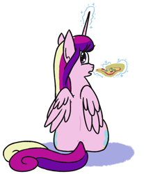Size: 700x844 | Tagged: safe, artist:jargon scott, princess cadance, alicorn, pony, both cutie marks, cute, cutedance, female, food, glowing horn, horn, looking back, magic, mare, meat, peetzer, pepperoni, pepperoni pizza, pizza, rear view, simple background, sitting, solo, telekinesis, that pony sure does love pizza, the ass was fat, white background