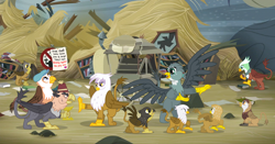 Size: 5108x2676 | Tagged: safe, artist:malte279, derpibooru import, gabby, gilda, gimme moore, grampa gruff, greta, griffon, absurd resolution, chickub, fez, griffon trio, griffonstone, hat, newsboy hat