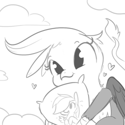 Size: 1080x1080 | Tagged: safe, artist:tjpones, derpibooru import, gilda, rainbow dash, griffon, pegasus, pony, body pillow, cute, female, gildash, grayscale, heart, hug, interspecies, lesbian, monochrome, pillow, shipping, simple background, sketch, smiling, solo, white background