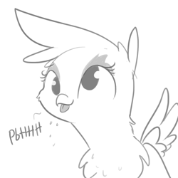 Size: 1080x1080 | Tagged: safe, artist:tjpones, derpibooru import, gilda, griffon, :p, birb, bust, cute, derp, female, fluffy, gildadorable, grayscale, monochrome, onomatopoeia, raspberry, raspberry noise, silly, smiling, solo, spread wings, tongue out