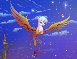 Size: 2200x1700 | Tagged: safe, artist:viwrastupr, derpibooru import, gilda, griffon, beautiful, female, flying, griffonstone, night, scenery, solo, stars