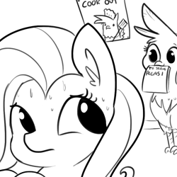 Size: 792x792 | Tagged: safe, artist:tjpones, derpibooru import, fluttershy, gilda, griffon, pegasus, pony, birb, chef's hat, cute, ear fluff, frown, gildadorable, grayscale, hat, looking back, looking over shoulder, monochrome, mouth hold, nervous, poster, restaurant, simple background, sketch, spatula, sweat, the twilight zone, this will end in tears and/or breakfast, to serve man, white background