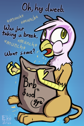 Size: 1636x2453 | Tagged: safe, artist:exedrus, derpibooru exclusive, derpibooru import, gilda, griffon, birb, bird seed, eating, female, monologue, onomatopoeia, pun, solo, visual pun