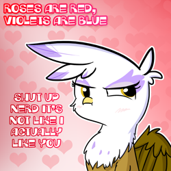 Size: 1280x1280 | Tagged: safe, artist:tjpones, derpibooru import, gilda, griffon, abstract background, baka, blushing, bust, dialogue, female, gildere, heart, nerd, solo, tsundere, valentine's day, valentine's day card