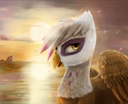 Size: 3042x2470 | Tagged: safe, artist:cattle32, derpibooru import, gilda, griffon, looking at you, ocean, open mouth, scenery, solo, sun, sunset