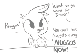 Size: 1201x858 | Tagged: safe, artist:tjpones, derpibooru import, gilda, griffon, chicken nugget, cute, dialogue, female, gildadorable, monochrome, nuggos, offscreen character, sketch, solo