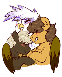 Size: 816x1017 | Tagged: safe, artist:soft-arthropod, derpibooru import, dumbbell, gilda, hoops, griffon, blushing, chest fluff, crack shipping, dumbhoops, gildabell, gildahoops, hug, interspecies, polyamory, shipping, winghug