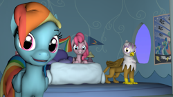 Size: 1920x1080 | Tagged: safe, artist:jaygaming1, derpibooru import, gilda, pinkie pie, rainbow dash, earth pony, griffon, pegasus, pony, 3d, bed, looking at you, poster, room, source filmmaker, wonderbolts