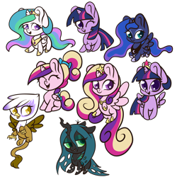 Size: 5000x5000 | Tagged: safe, artist:cleoziep, derpibooru import, gilda, princess cadance, princess celestia, princess luna, queen chrysalis, twilight sparkle, twilight sparkle (alicorn), alicorn, changeling, changeling queen, griffon, pony, unicorn, absurd resolution, chibi, eyes closed, female, flying, lidded eyes, looking at you, one eye closed, raised hoof, simple background, sitting, spread wings, teen princess cadance, transparent background, wink