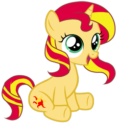 Size: 965x999 | Tagged: dead source, safe, artist:fluttershy-7, sunset shimmer, pony, unicorn, cute, filly, filly sunset shimmer, happy, open mouth, shimmerbetes, simple background, sitting, solo, transparent background, vector, younger