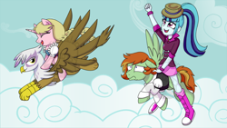 Size: 900x506 | Tagged: safe, artist:tambelon, derpibooru import, gilda, sonata dusk, oc, oc:barley tender, oc:caramel malt, griffon, pegasus, pony, unicorn, equestria girls, rainbow rocks, barmel, female, flying, happy, hat, male, mare, marÿke hendrikse, ponies riding griffons, riding, stallion, watermark